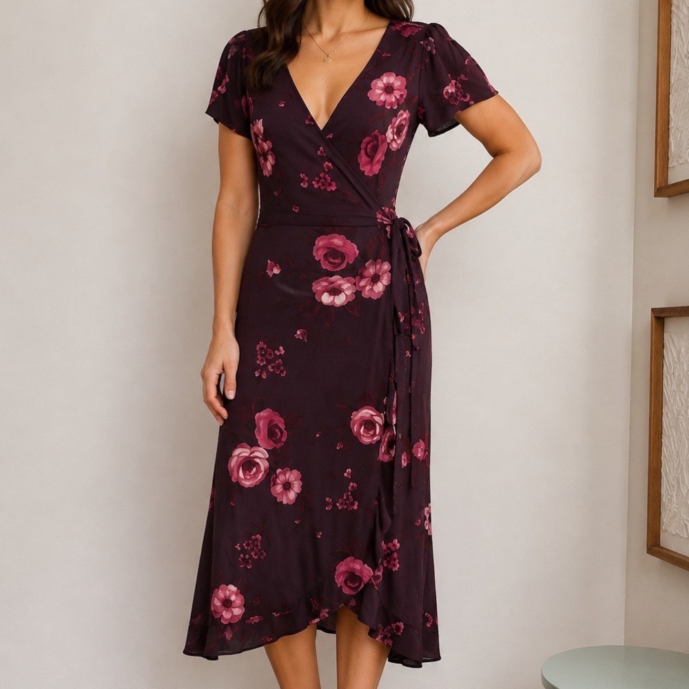 Banana Republic Size 0 100% Silk Floral Wrap Maxi Dress Dark Romantic Rose